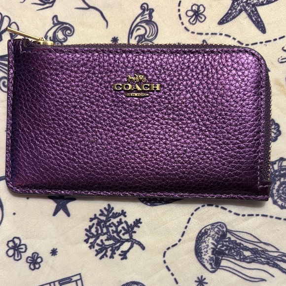 Coach Accessories - Coach Metallic Purple Pebbled Leather Zip Card Case with Gold Logo